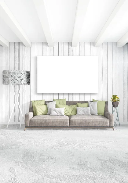 Sovloft i modern stil inredning med eklektisk vägg och snygg soffa. 3D-rendering. — Stockfoto