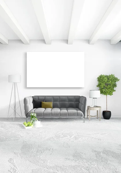 Çatı katı yatak odasında modern tarzı iç tasarım eklektik duvar ve şık kanepe. 3D render.