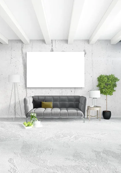 Çatı katı yatak odasında modern tarzı iç tasarım eklektik duvar ve şık kanepe. 3D render.