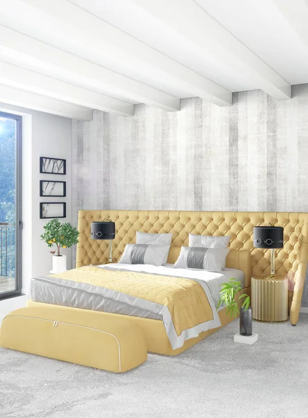 Dormitorio amarillo o sala de estar en estilo moderno Diseño de interiores con pared exudante y muebles elegantes. Renderizado 3D . — Foto de Stock