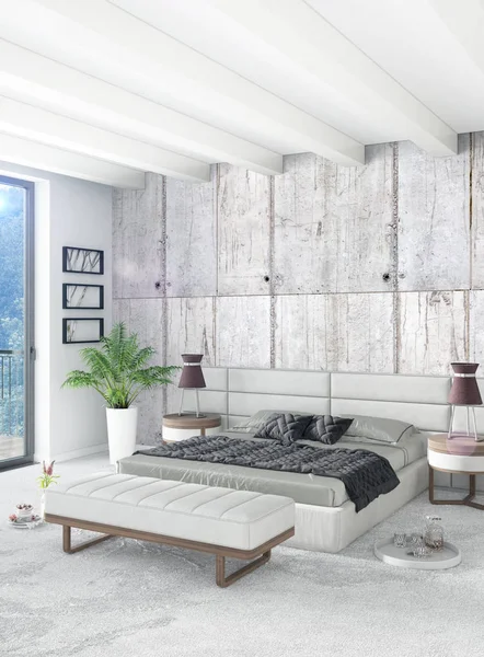 Çatı katı yatak odasında modern tarzı iç tasarım eklektik duvar ve şık kanepe. 3D render.