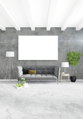 Çatı katı yatak odasında modern tarzı iç tasarım eklektik duvar ve şık kanepe. 3D render.