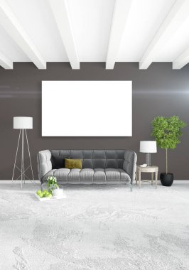 Çatı katı yatak odasında modern tarzı iç tasarım eklektik duvar ve şık kanepe. 3D render.