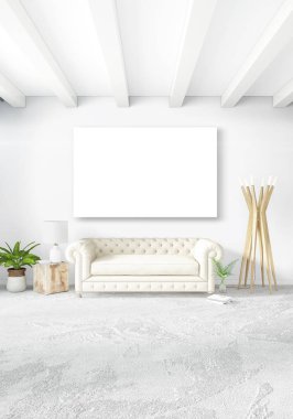 Çatı katı yatak odasında modern tarzı iç tasarım eklektik duvar ve şık kanepe. 3D render.