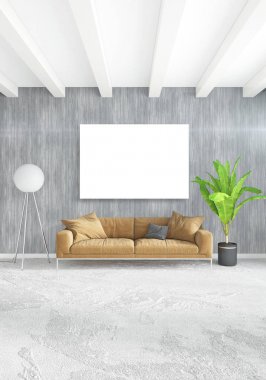 Çatı katı yatak odasında modern tarzı iç tasarım eklektik duvar ve şık kanepe. 3D render.