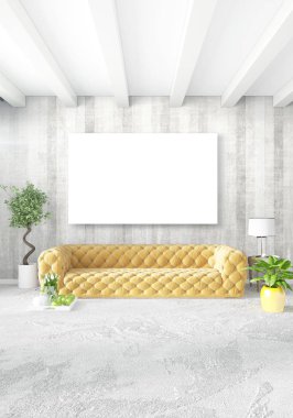 Sarı yatak odası veya oturma odası dekorasyon duvar ve şık mobilya yayan ile modern tarzda. 3D render.