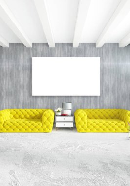 Sarı yatak odası veya oturma odası dekorasyon duvar ve şık mobilya yayan ile modern tarzda. 3D render.