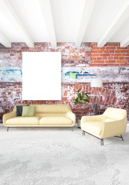 Çatı katı yatak odasında modern tarzı iç tasarım eklektik duvar ve şık kanepe. 3D render.