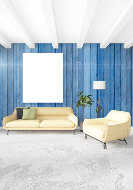 Çatı katı yatak odasında modern tarzı iç tasarım eklektik duvar ve şık kanepe. 3D render.