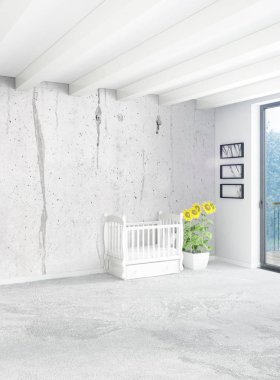 Çatı odasında modern tarzı iç tasarım eklektik duvar ve boşaltmak dikey kavramı. 3D render.