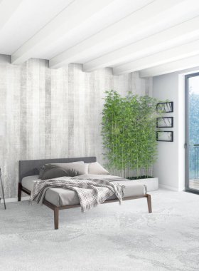 Çatı katı yatak odasında modern tarzı iç tasarım eklektik duvar ve şık kanepe. 3D render.