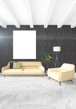 Çatı katı yatak odasında modern tarzı iç tasarım eklektik duvar ve şık kanepe. 3D render.