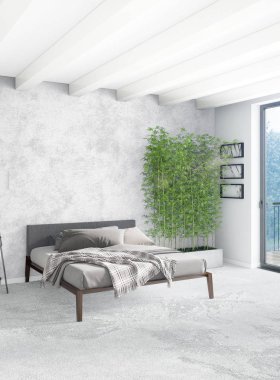 Çatı katı yatak odasında modern tarzı iç tasarım eklektik duvar ve şık kanepe. 3D render.