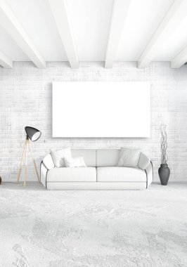 Çatı katı yatak odasında modern tarzı iç tasarım eklektik duvar ve şık kanepe. 3D render.