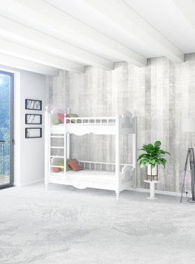 Çatı odasında modern tarzı iç tasarım eklektik duvar ve boşaltmak dikey kavramı. 3D render.