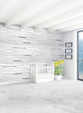 Çatı odasında modern tarzı iç tasarım eklektik duvar ve boşaltmak dikey kavramı. 3D render.