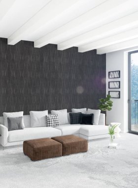 Çatı katı yatak odasında modern tarzı iç tasarım eklektik duvar ve şık kanepe. 3D render.