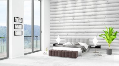 Yepyeni beyaz çatı katı yatak odası en az stil iç tasarım boşaltmak duvar ve görünümü penceresi dışında. 3D render.