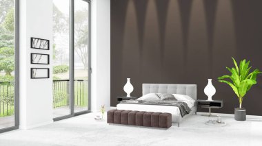 Yepyeni beyaz çatı katı yatak odası en az stil iç tasarım boşaltmak duvar ve görünümü penceresi dışında. 3D render.