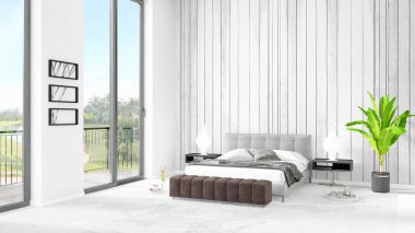 Yepyeni beyaz çatı katı yatak odası en az stil iç tasarım boşaltmak duvar ve görünümü penceresi dışında. 3D render.