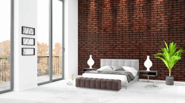 Yepyeni beyaz çatı katı yatak odası en az stil iç tasarım boşaltmak duvar ve görünümü penceresi dışında. 3D render.