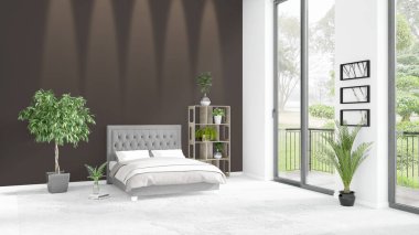 Yepyeni beyaz çatı katı yatak odası en az stil iç tasarım boşaltmak duvar ve görünümü penceresi dışında. 3D render.