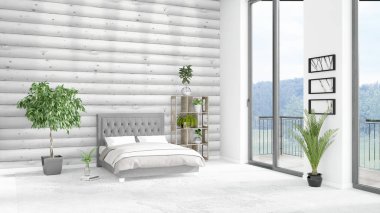 Yepyeni beyaz çatı katı yatak odası en az stil iç tasarım boşaltmak duvar ve görünümü penceresi dışında. 3D render.