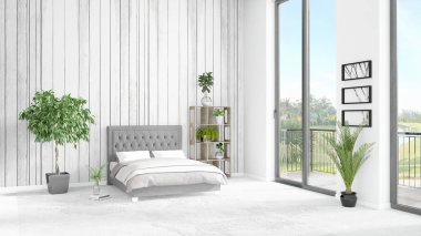 Yepyeni beyaz çatı katı yatak odası en az stil iç tasarım boşaltmak duvar ve görünümü penceresi dışında. 3D render.