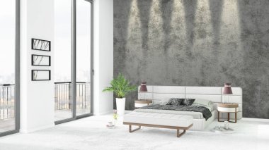 Yepyeni beyaz çatı katı yatak odası en az stil iç tasarım boşaltmak duvar ve görünümü penceresi dışında. 3D render.