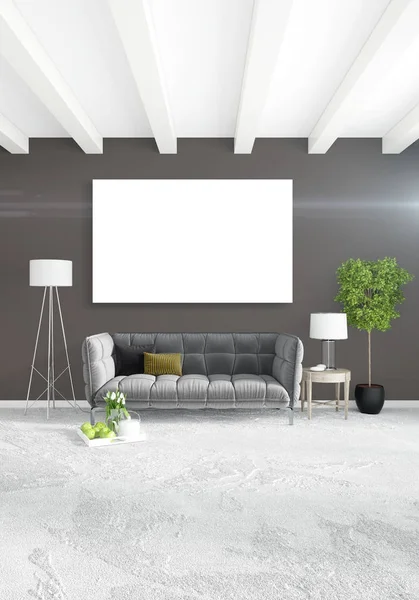 Çatı katı yatak odasında modern tarzı iç tasarım eklektik duvar ve şık kanepe. 3D render.