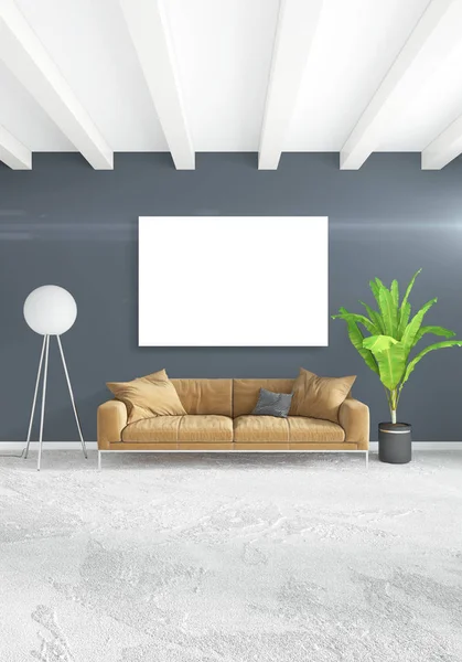 Çatı katı yatak odasında modern tarzı iç tasarım eklektik duvar ve şık kanepe. 3D render. — Stok fotoğraf