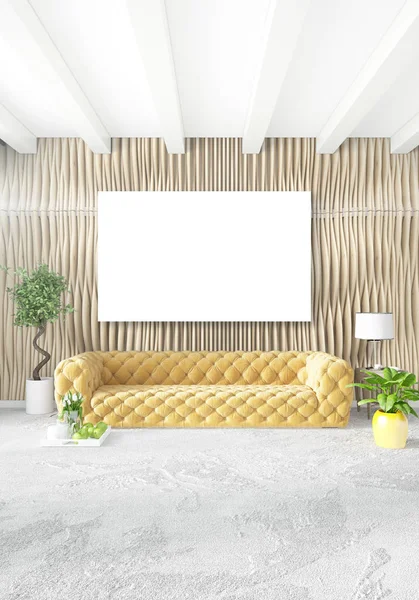 Çatı katı yatak odasında modern tarzı iç tasarım eklektik duvar ve şık kanepe. 3D render.