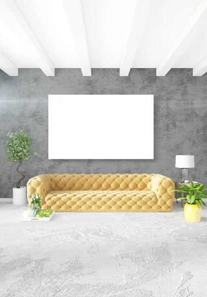 Sarı yatak odası veya oturma odası dekorasyon duvar ve şık mobilya yayan ile modern tarzda. 3D render. — Stok fotoğraf