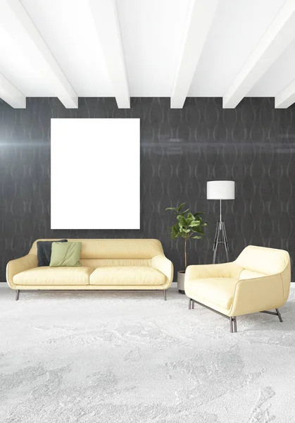 Çatı katı yatak odasında modern tarzı iç tasarım eklektik duvar ve şık kanepe. 3D render.