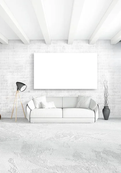 Çatı katı yatak odasında modern tarzı iç tasarım eklektik duvar ve şık kanepe. 3D render.