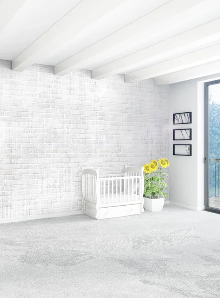 Çatı odasında modern tarzı iç tasarım eklektik duvar ve boşaltmak dikey kavramı. 3D render.