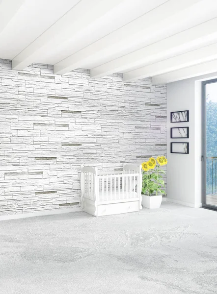 Çatı odasında modern tarzı iç tasarım eklektik duvar ve boşaltmak dikey kavramı. 3D render.