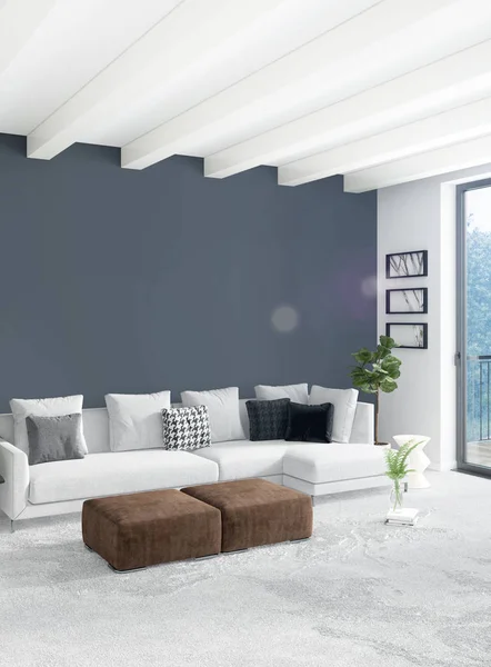 Çatı katı yatak odasında modern tarzı iç tasarım eklektik duvar ve şık kanepe. 3D render.