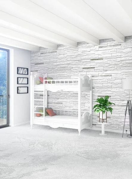 Çatı odasında modern tarzı iç tasarım eklektik duvar ve boşaltmak dikey kavramı. 3D render.