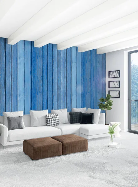 Çatı katı yatak odasında modern tarzı iç tasarım eklektik duvar ve şık kanepe. 3D render.