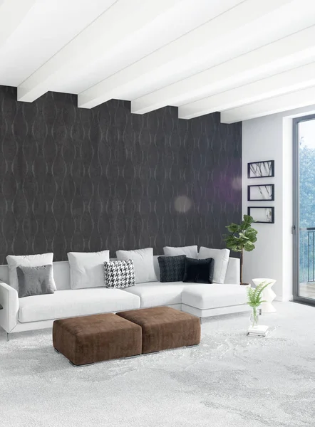 Çatı katı yatak odasında modern tarzı iç tasarım eklektik duvar ve şık kanepe. 3D render.