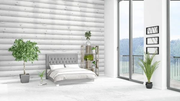 Yepyeni beyaz çatı katı yatak odası en az stil iç tasarım boşaltmak duvar ve görünümü penceresi dışında. 3D render.