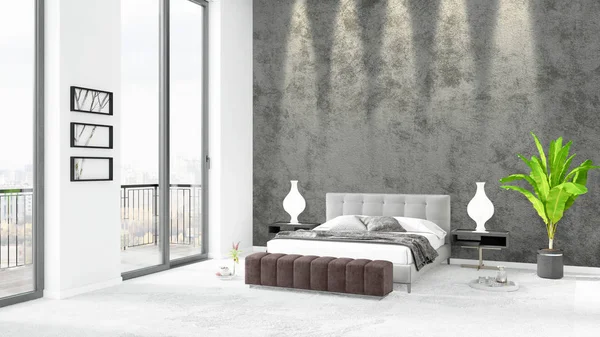 Yepyeni beyaz çatı katı yatak odası en az stil iç tasarım boşaltmak duvar ve görünümü penceresi dışında. 3D render.