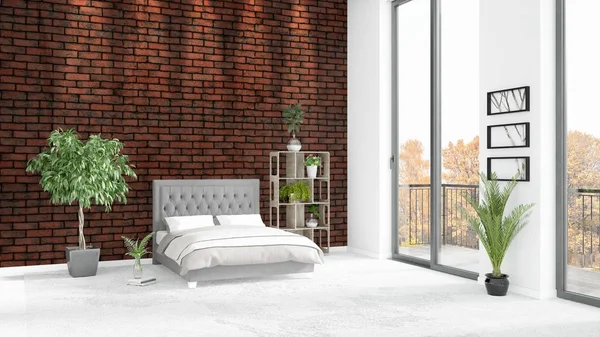 Yepyeni beyaz çatı katı yatak odası en az stil iç tasarım boşaltmak duvar ve görünümü penceresi dışında. 3D render.