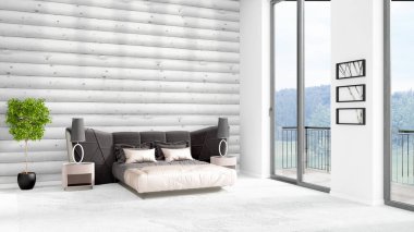 Yepyeni beyaz çatı katı yatak odası en az stil iç tasarım boşaltmak duvar ve görünümü penceresi dışında. 3D render.