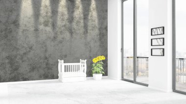 Yepyeni beyaz çatı katı yatak odası en az stil iç tasarım boşaltmak duvar ve görünümü penceresi dışında. 3D render.