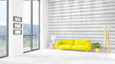 Yepyeni beyaz çatı katı yatak odası en az stil iç tasarım boşaltmak duvar ve görünümü penceresi dışında. 3D render.