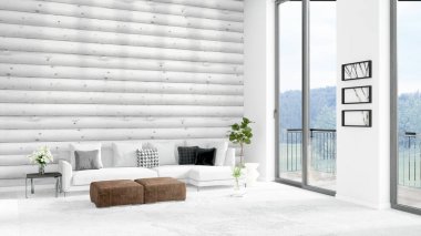 Yepyeni beyaz çatı katı yatak odası en az stil iç tasarım boşaltmak duvar ve görünümü penceresi dışında. 3D render.