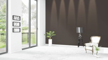 Yepyeni beyaz çatı katı yatak odası en az stil iç tasarım boşaltmak duvar ve görünümü penceresi dışında. 3D render.