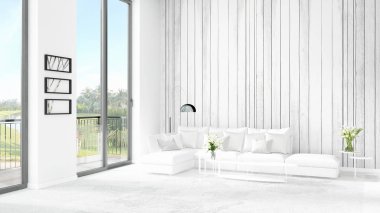 Yepyeni beyaz çatı katı yatak odası en az stil iç tasarım boşaltmak duvar ve görünümü penceresi dışında. 3D render.